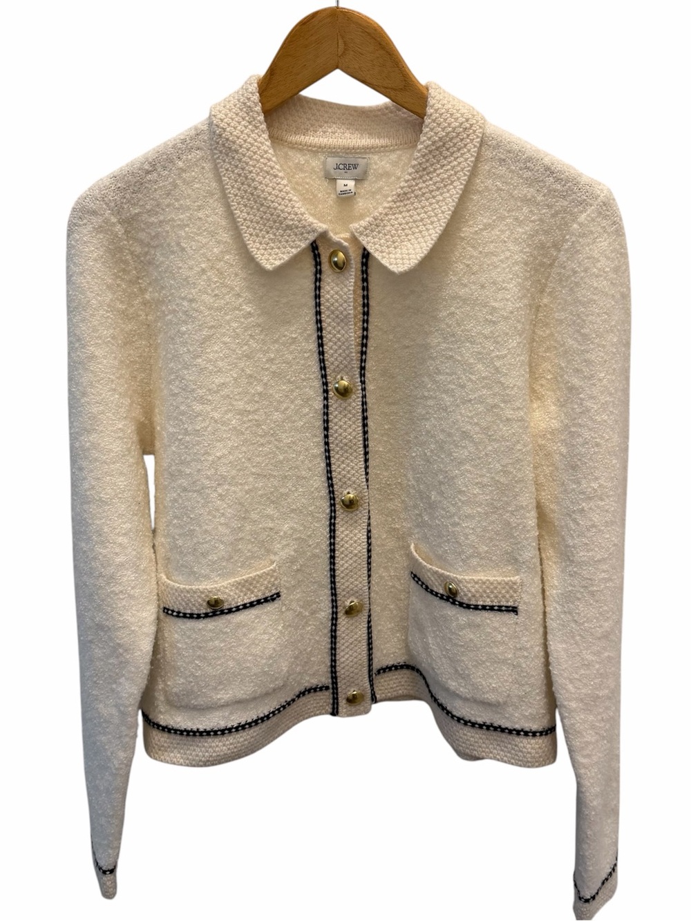 J Crew Bouclé Lady Cardigan Sweater Cream Black Gold Buttons SZ M Old Money Wool